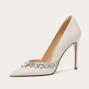 Elegant Nude Custom Microfiber Mary Jane Pumps with Super.Pointed Head Thin Heels Rhinestone Decoration Slip-On Closure