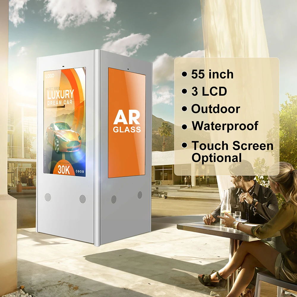 55" Lcd Display Light Box Three Sided Ip65 Waterproof Outdoor Lcd Advertising Kiosk With Air Conditioner