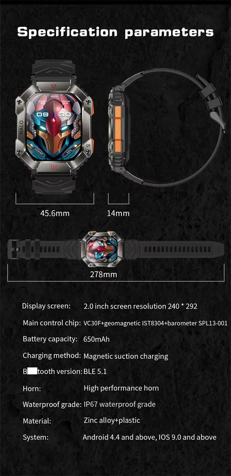 Smart Watch KR80 Men Outdoor Sports Fitness Tracker BT Call Music 2inch Screen Compass 650mAh Large Battery Smartwatch