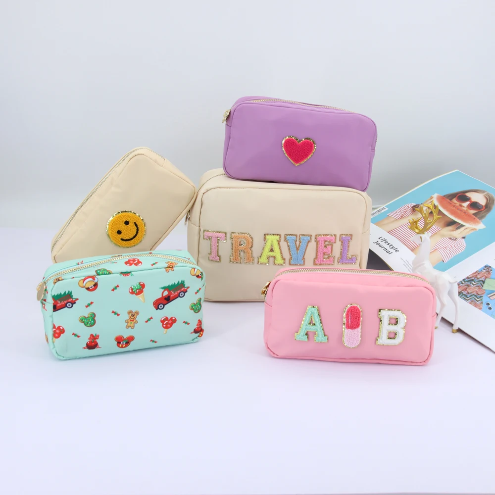 Source wholesale Waterproof nylon fabric toiletry bag towel letter mini  personalized cute DIY makeup cosmetic bag manufacturer on m.