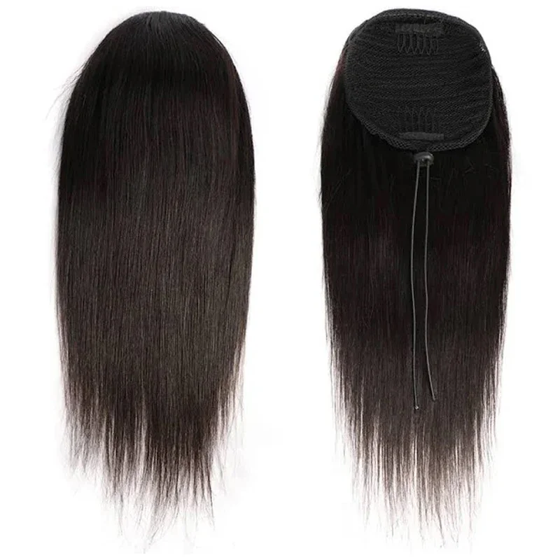 Extensions de queue de cheval droites à clipser en cheveux humains avec cordon de serrage de couleur naturelle pour femmes_voghion.com