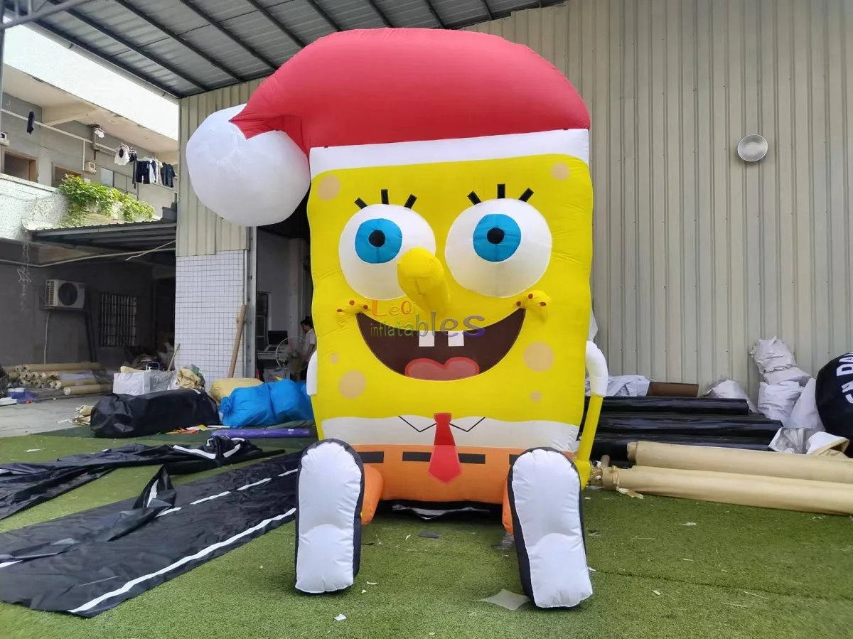 Giant Seated Inflatable Spongebob with Christmas Hat