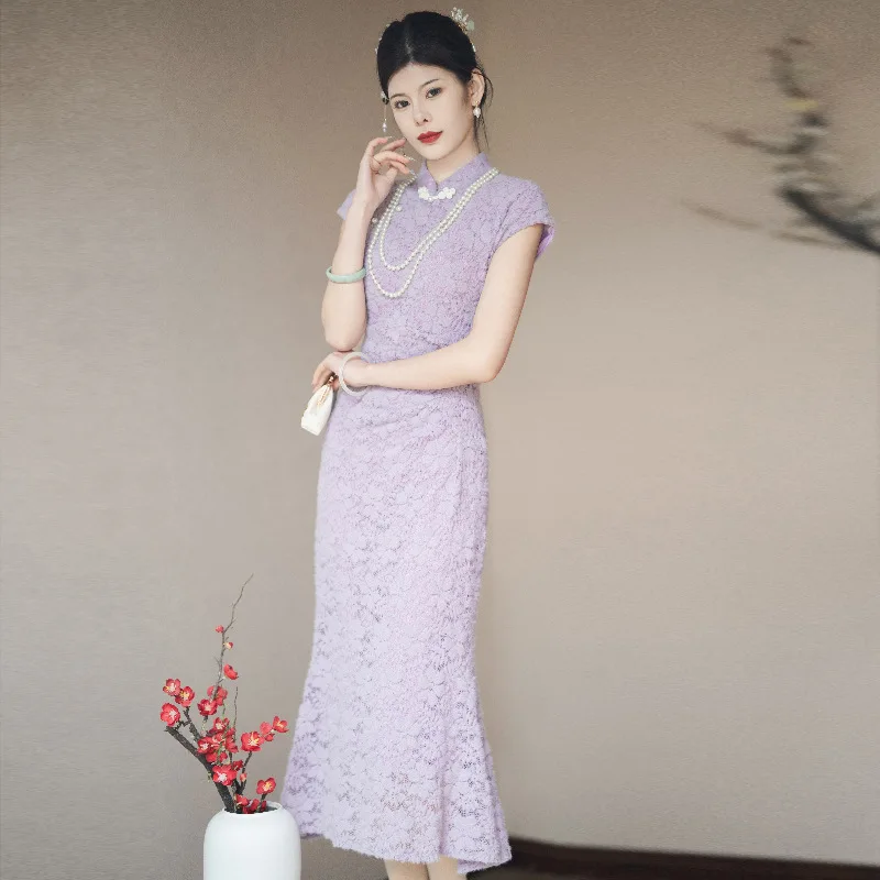 Women Purple Lace Cheongsam Dress Vintage Elegant Chinese Traditional Short  Sleeve Dresses Light Ripe Style Qipao