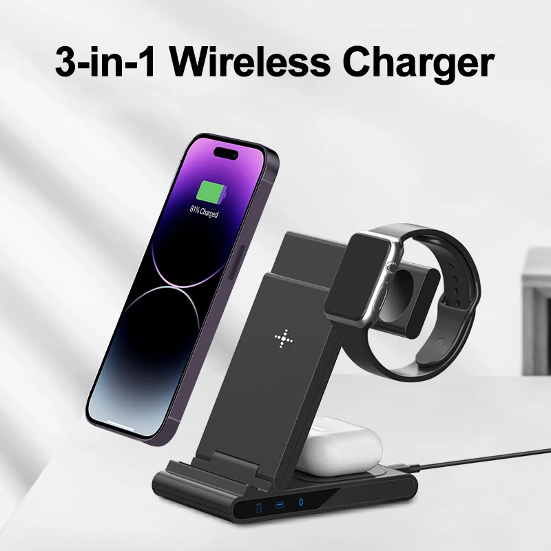 2024 Popular Desktop Foldable Phone Wireless Charger Multifunctional 3 in 1 Wireless Charging Station for Phone Watch Earphone
