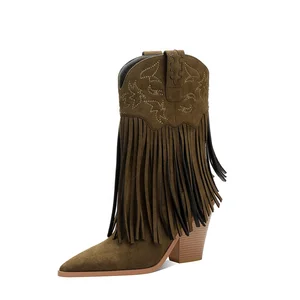 Women's Comfortable Faux Suede Western Cowboy Boots Pointed Toe Embroidered Block Heel High Heel for Autumn Winter Summer