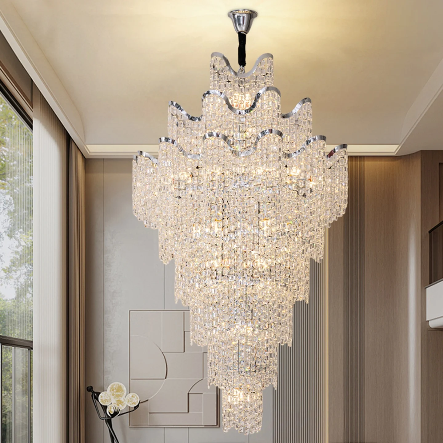 Großer Kristall-Silber-Kronleuchter im französischen Stil mit leichtem Luxus für Maisonetten-Wohnzimmer und Hotellobbies, LED-Beleuchtung für Eigenbau-Villen, Modell 2519–2520