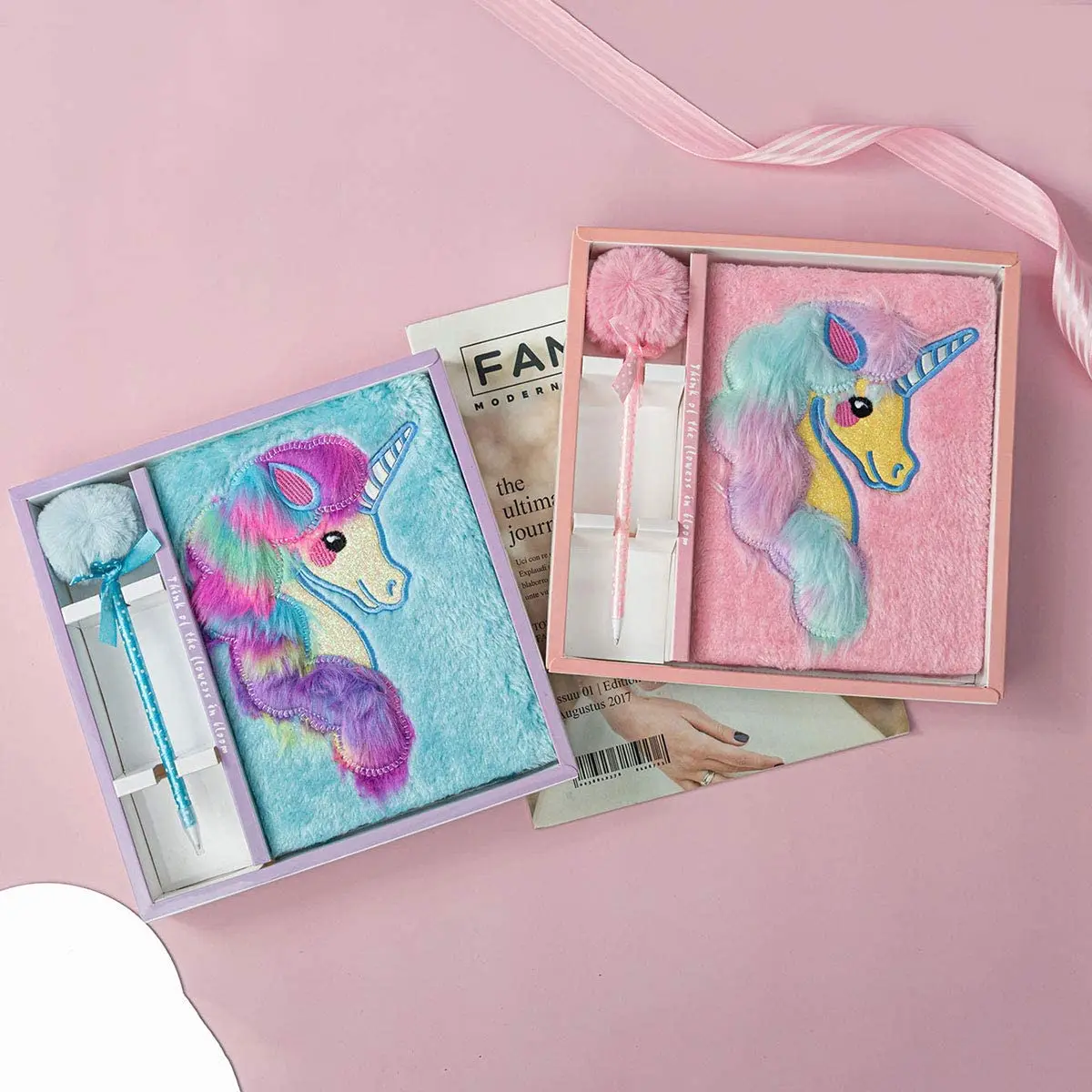 product faux fur plush diary pop it notebook journal set with pom pen kids school stationery set-9