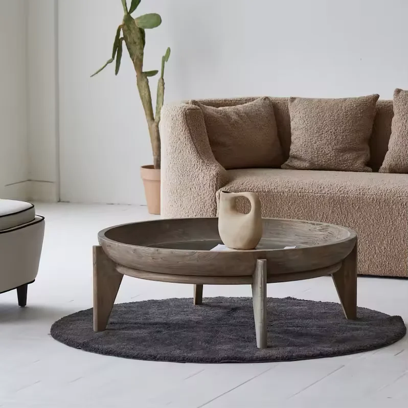 Coffee Wooden Table Center Table Made of Reclaimed Elm Wood and 8mm Tempered Glass Deluxe Round Wooden Living Room Coffee Table