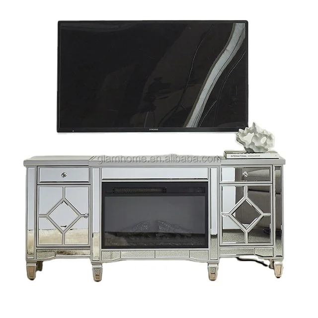 Modern tv tables for living room luxury furniture wall background table top wooden frame mirrored LED fireplace