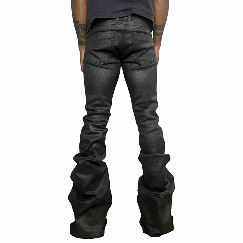 Custom Y2k Streetwear Washed Design Skinny Stacked Flared Waxed Black Jeans Men