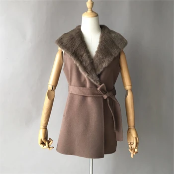 Hot Wholesale Mink Fur Collar New Design Double Sided Women Elegant Cashmere Coat Vest
