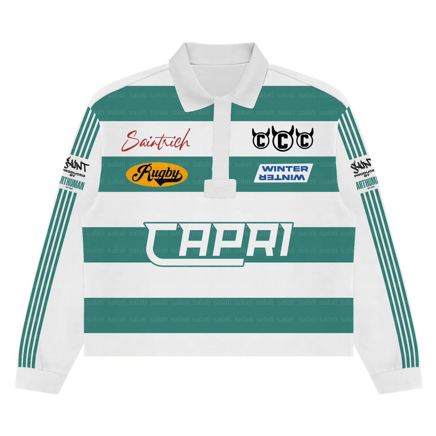Salati Custom Designer Screen Print 240 Gsm Cotton Oversized Boxy Long Sleeve Stripe Rugby Long Sleeve T-shirts Men Polo Shirt
