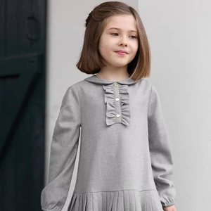 Autumn Winter Girls' Formal Boutique Dress High Quality Cotton Long-Sleeved Gray Lace Decoration Babies for Daily Party Use New