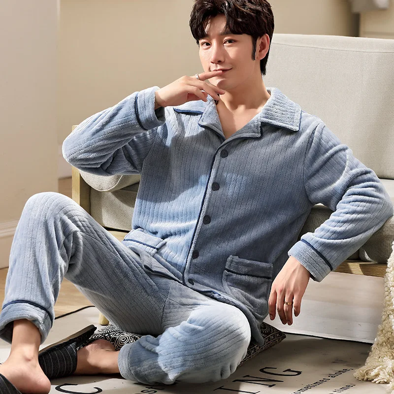 Men's Winter Pajamas Set Warm Sleepwear Hooded Home Suit