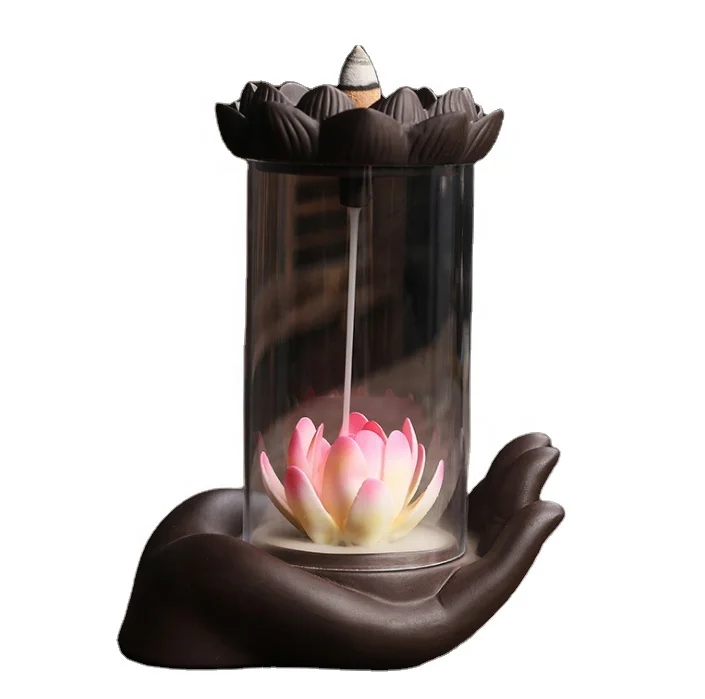 15.5*10.5*19cm Electric LED Ceramic Smoke Fountain Buddha Hand Monkey Plastic Design Backflow Waterfall Incense Holder Burner