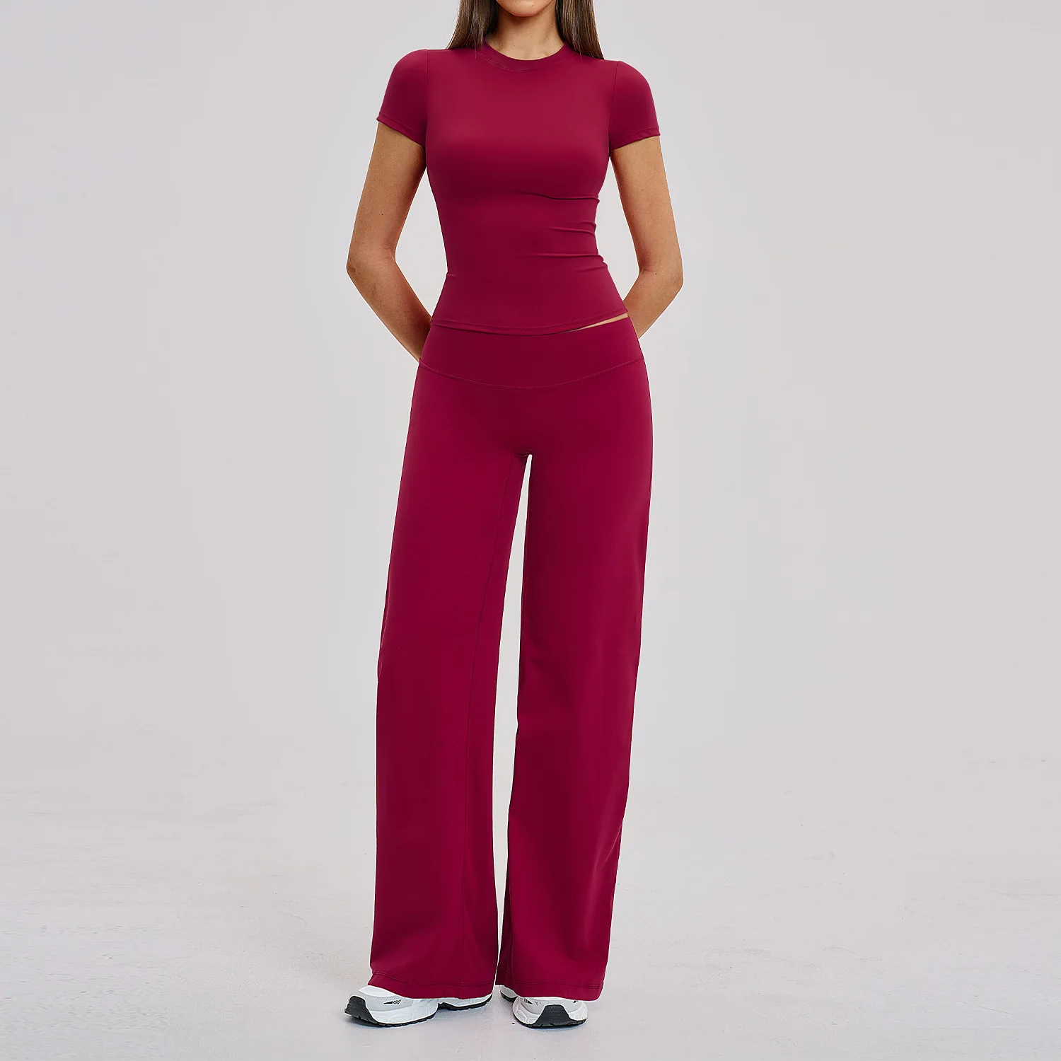Wicking Spandex/Nylon 2-Piece T-Shirt Flare Yoga Pants Set thumbnail