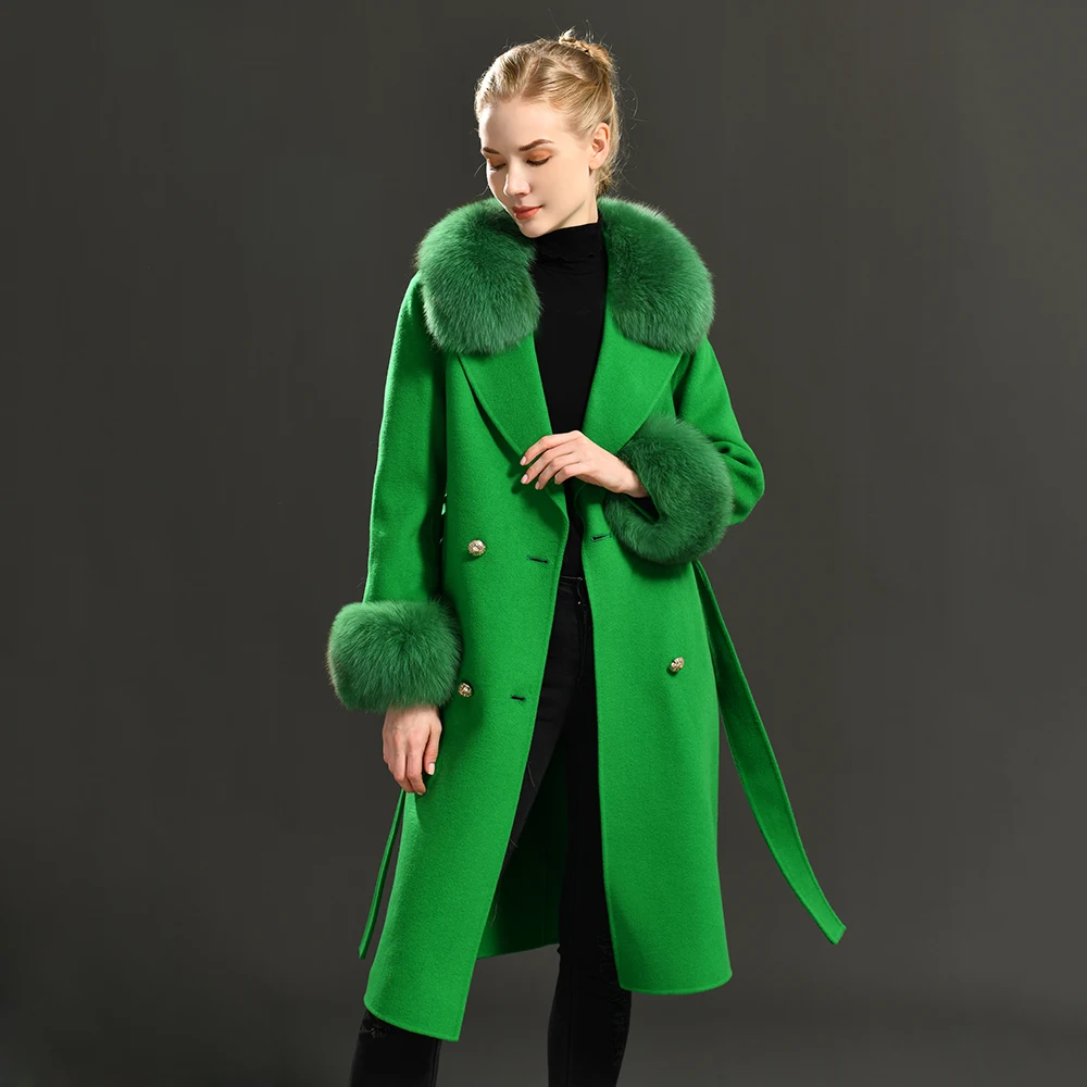 Winter Double-Breasted Trench Cashmere Jacket with Fur