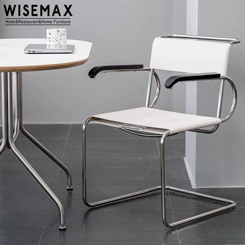WISEMAX FURNITURE Mid Century Designer Stainless Steel Frame Dining Chair  Black Saddle Leather Leisure Lounge Accent Arm Chairs