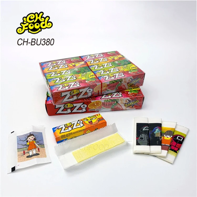 Low MOQ Wholesale Halal Wholesale Fruit Flavor ZIZI Bubble Gum Strips Chewing Gum Candy Sweets With Tattoo for Children