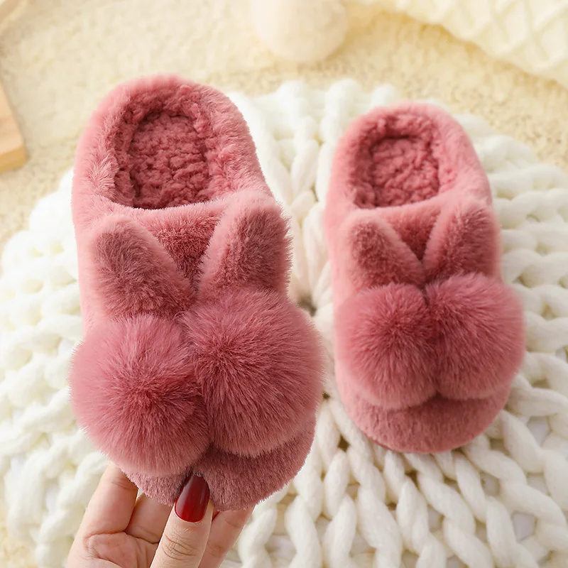 Children Rabbit Design Winter Indoor Slippers Cotton Plush Home Fluffy  Slippers Unisex