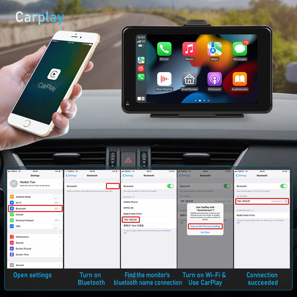 Podofo 7'' Portable Car Radio Stereo Autoradio Wireless Carplay Android Auto Wifi BT Touch Screen Smart Monitor Tablet TV