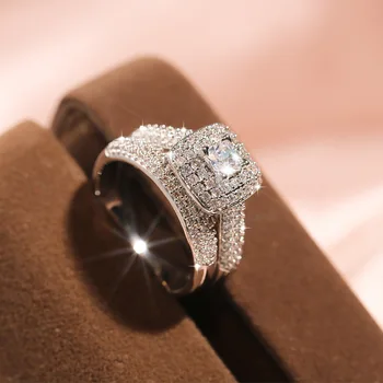 Brand New Wish Hotsale 2 pcs/set Full Diamond Square Cubic Zircon Wedding Rhinestone Crystal Cz Engagement Ring For Women