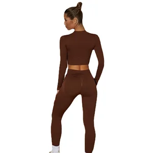 Cross-Border New Seamless Yoga Sports Suit High-Strength Zipper High Waist Hip-Lifting Pants Breathable Fitness Front XS Solid