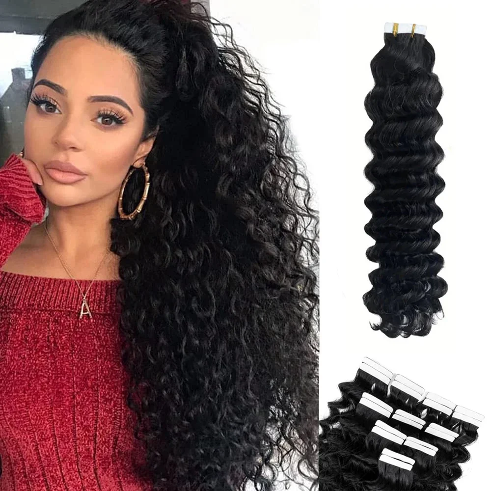 Dybvandsbølge Tape-in hårextensions 100% ægte menneskehår naturligt sømløst naturligt sort usynligt krøllet tape-in til kvinder_voghion.com