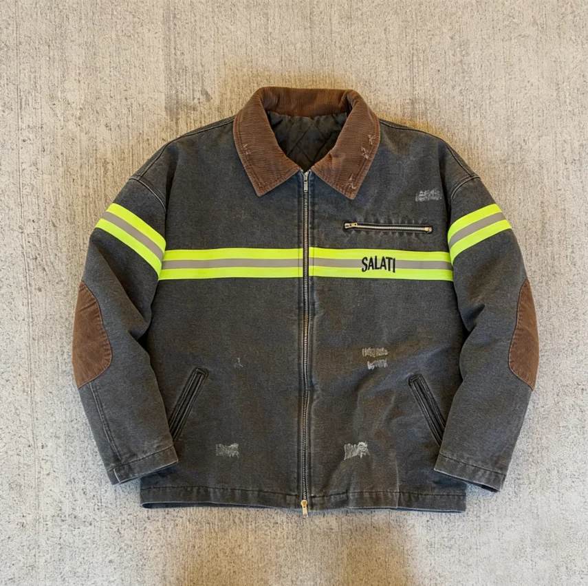 SALATI Men's Washed Denim Jacket with Corduroy Collar Elbow Patches Reflective Stripes Zip Front Vintage Distressed Streetwear gallery 2