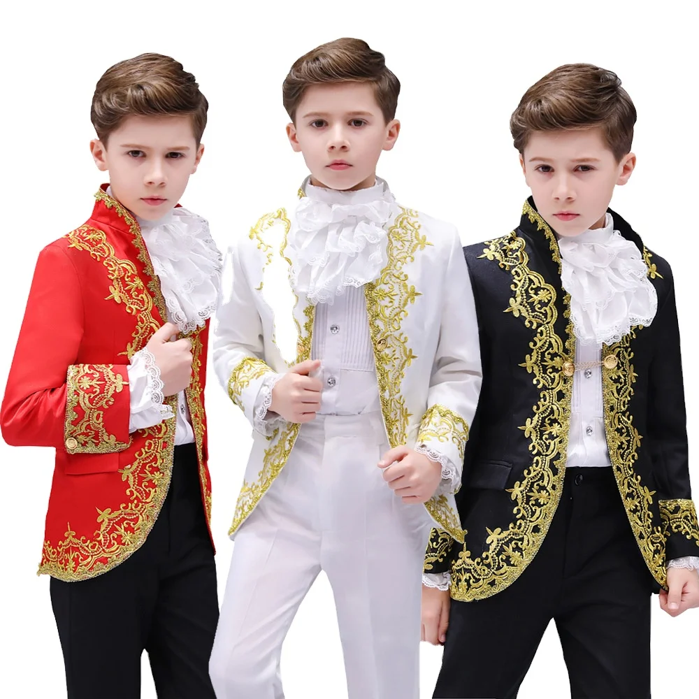 Victorian Prince Costume Suits Blazer Child Halloween Jabot Tie Outfit Cosplay Uniform Lace Jacket Coat for Kid Boys