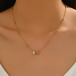 European American  Fashion Women's Accessories Spacer Stainless Steel Bead Bamboo Chain Ring Pendant Hollow Necklace