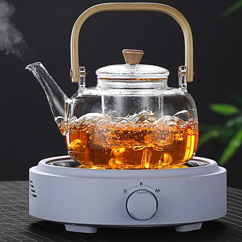 Glass Tea Pot with Infuser, Wood Handle Tea Kettle, Water for Juice Beverage