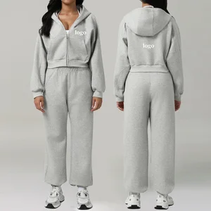 Custom Embroidery Logo High Quality 2 Piece Set Full Zip up Oversized Hoodie Set Casual Womens Sets Womens Clothing Sportswear