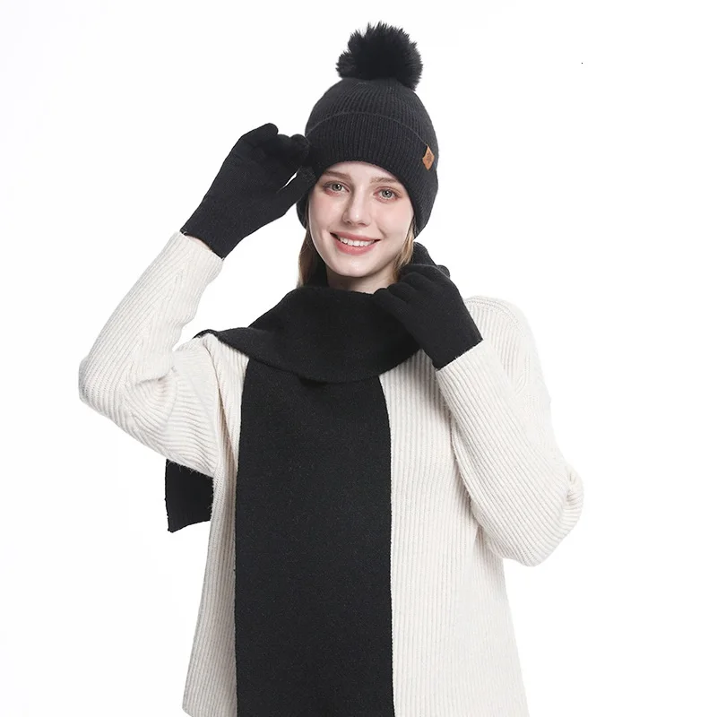 Womens Winter Hat Scarf Gloves Set Fleece Lined Knit Pom Pom Touchscreen Women Winter Knit Warm Hat Beanie Gloves Set Pom Fleece  main image 4