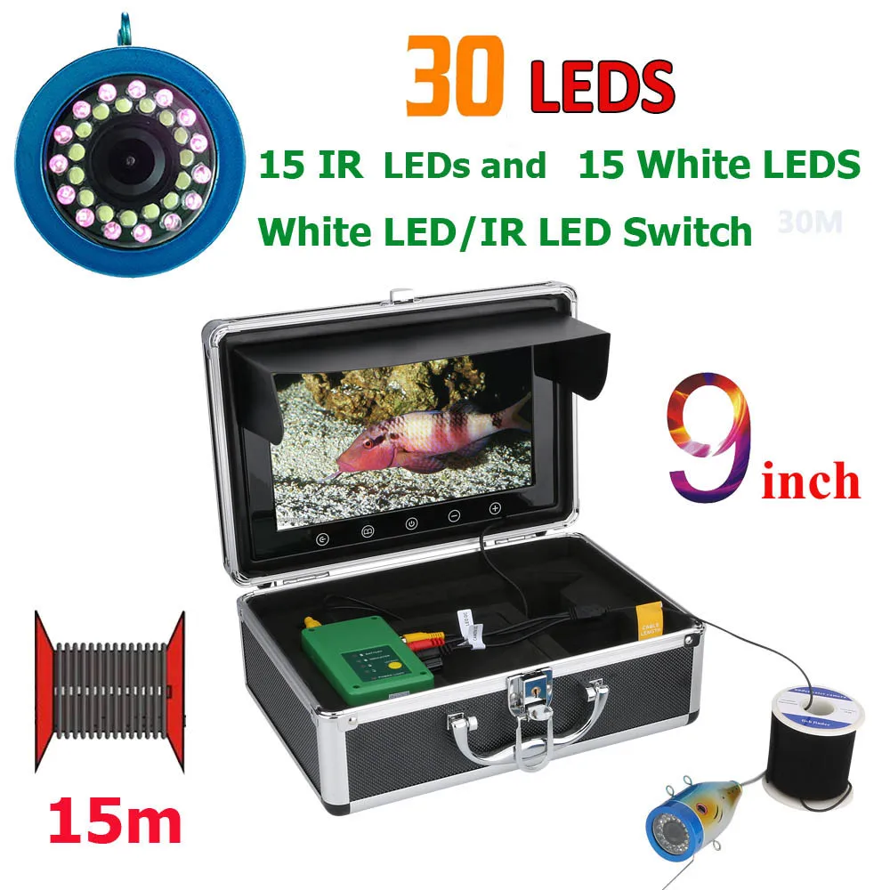 
9 Inch 15M 1000TVL Fish Finder Underwater Fishing Camera 15pcs White LEDs + 15pcs Infrared Lamp For Ice/Sea/River Fishing 
