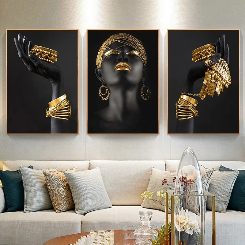 Living Room Decor Black African Woman Portrait Gold Jewelry Posters ...