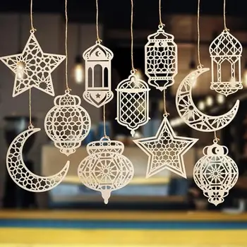 Nicro Hot Selling Islam Muslim DIY Wooden Hanging Craft Hollow Moon Star Pendant with Rope Eid Mubarak Ramadan Decoration