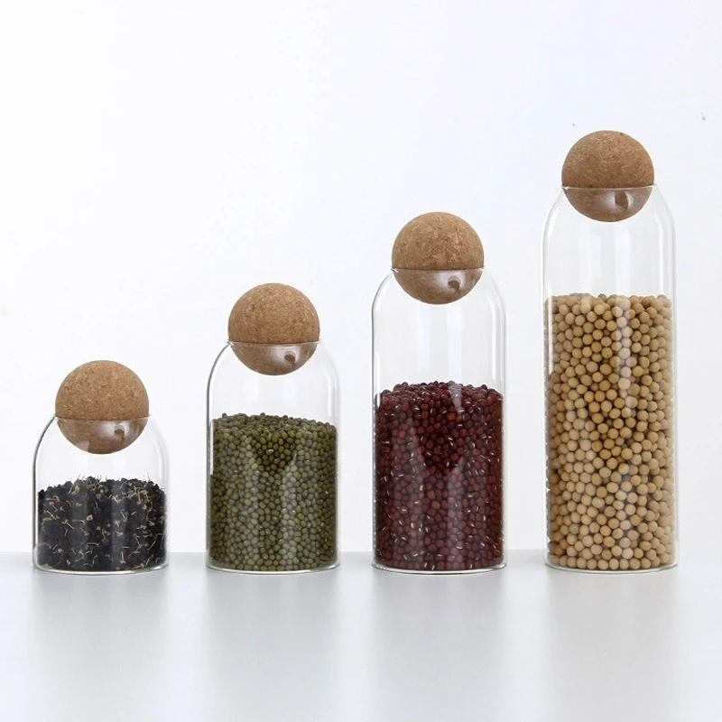 Kitchen luxury large food cookie slant container bottle bamboo ball lids high borosilicate glass storage jar