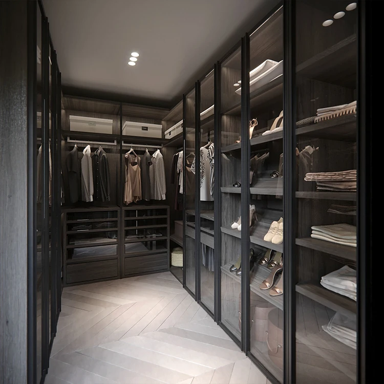 I Shape Glass Simple Open Wardrobe Designs Walk in Closet Organizer Ready House for Assembly Walk in Wardrobe Outside