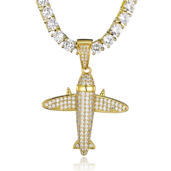 Iced Out Gold Air Plane Shape Charm Pendant With Tennis Chain Hip Hop Necklace For Men