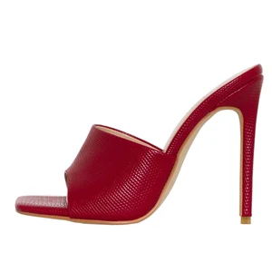 2022 Plus Size PU Leather Women Stylish Stiletto Heel Mules Square Toe  Summer High Heels Sandals