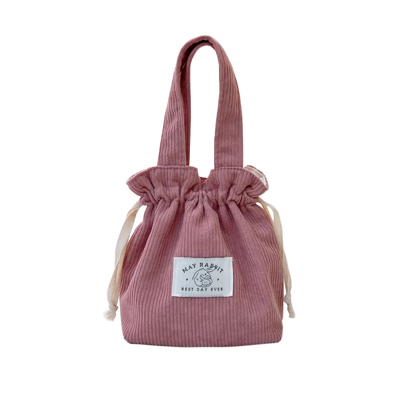 Custom Logo Mini Cotton Picnic Storage Corduroy Drawstring Lunch Tote Bags  Handbag
