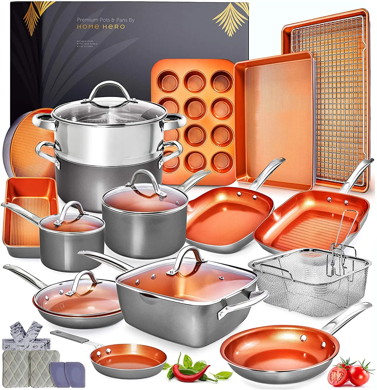 Nonstick Induction Copper Ceramic Pots and Pans Set -23pc - HomeHero