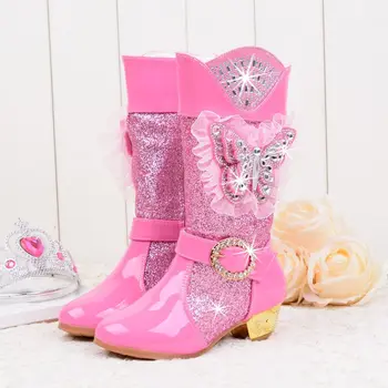 Snow Frozen Elsa Crystal Girl Shoes Outdoor Children Botas Para Bebes Quentinhas Glitter Winter Heel Boots For Kid