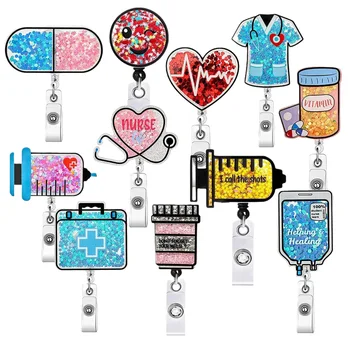 Custom  Badge Reel Glitter Acrylic Retractable Lanyard and Rotatable ID Holder with Belt Clip and Keychain