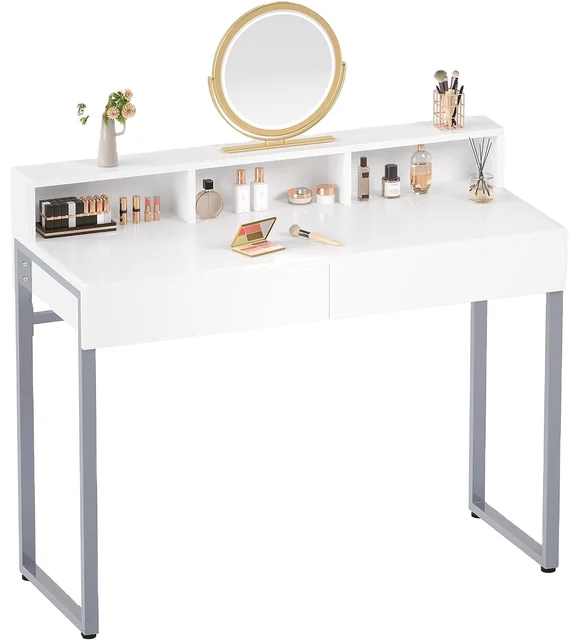 Vanity Desk 2 Drawers Small White Desk 3 Storage Spaces Modern Home Office Computer Desk Makeup Dressing Table