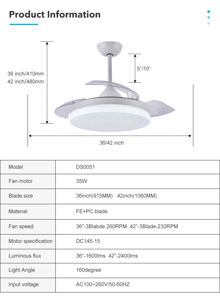Unique Design 6 Speeds Adjustable Remote Control Retractable Invisible Modern Ceiling Fan