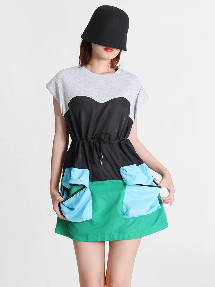 TWOTWINSTYLE Womens Dresses Hit Color Patchwork Drawstring Pleats Sleeveless Mini Dresses 2024