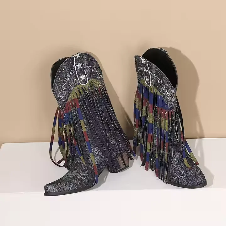 Ladies Calf Boots Size 34-43 Denim Fringe 5cm Block Heel Women Western Boots - Image 6
