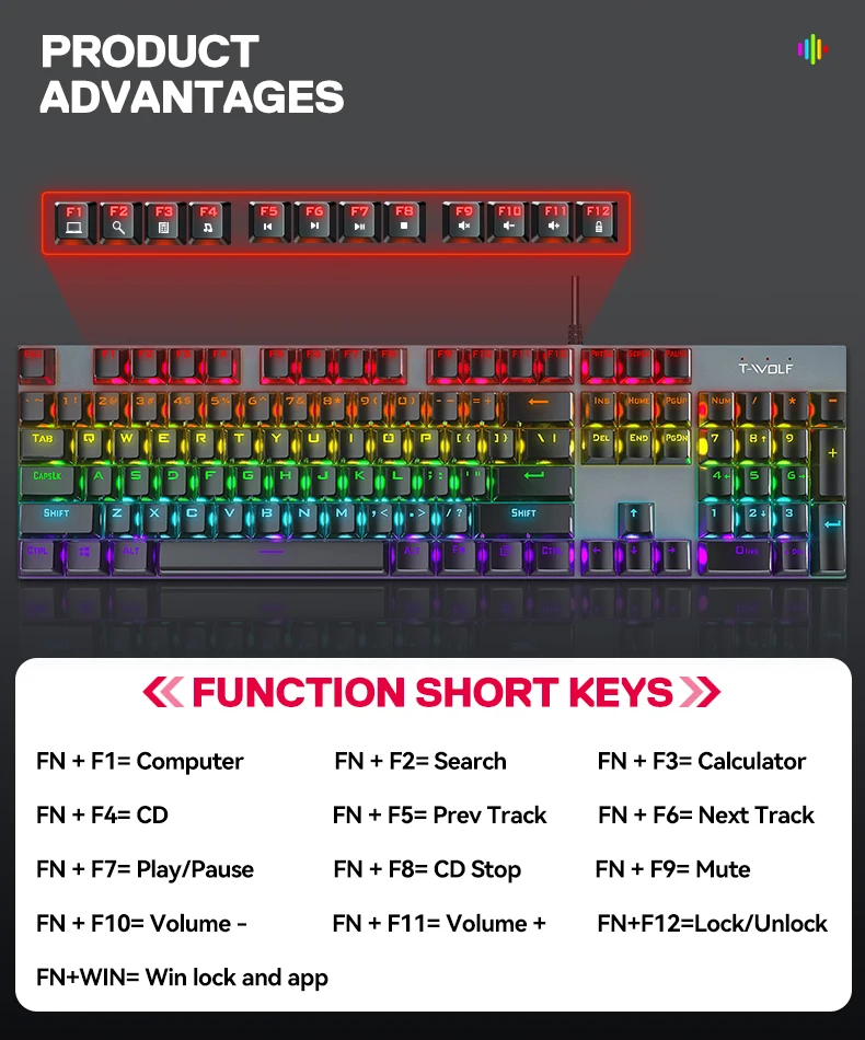 T-WOLF RGB Mechanical Keyboard - 104 Keys for Gaming